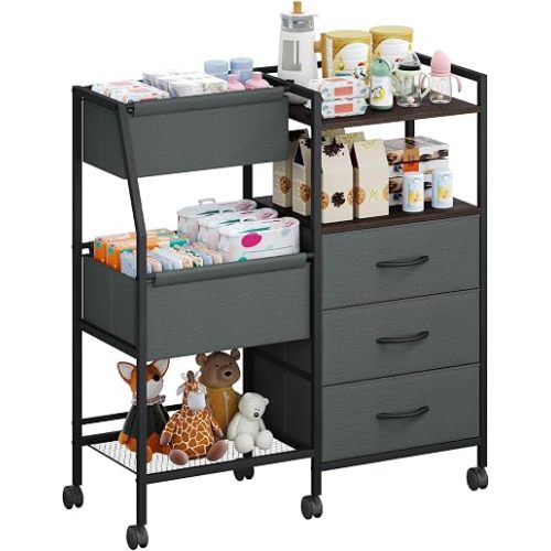 Somdot Baby Diaper Caddy Organizer Cart, 3 Tier Rolling Baby with Dividers and Drawers, Easy to Assemble, Large Capacity, Baby Essentials Organizers and Storage for Nursery, Bedroom, Charcoal Grey