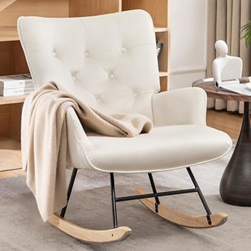 Rocking Chair for Nursery, Comfy Velvet Fabric Glider Rocker, Reading Chair with Support Seating and Side Pockets, Recliner Rocking Chair for Living Room,Bedroom,Balcony(Beige)