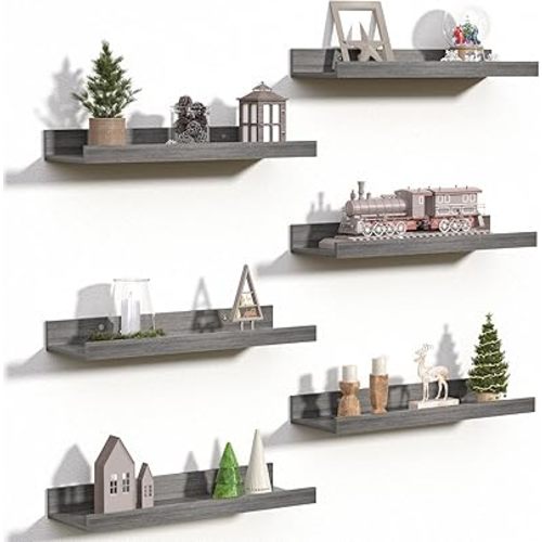 upsimples Floating Shelves for Wall, Wood Mounted Shelf Decor Storage Set of 6, for Bedroom, Living Room, Bathroom, Kitchen, Picture Ledge, Grey