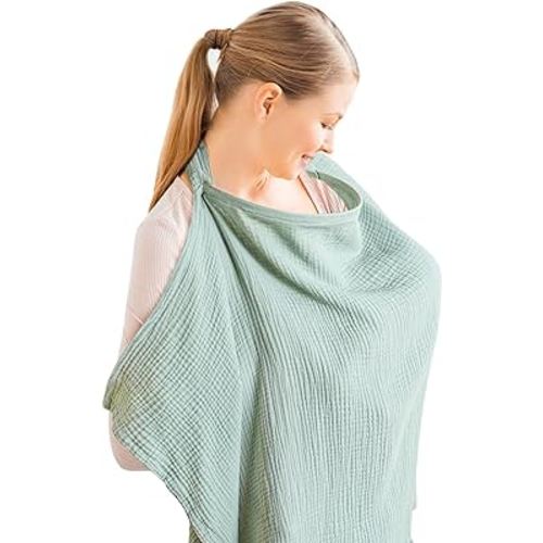 Muslin Nursing Cover for Baby Breastfeeding, Breathable 100% Cotton Breastfeeding Cover with Rigid Hoop for Mother Nursing Apron, Multi-use Carseat Canopy (Light Green)