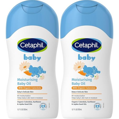 Cetaphil Baby Moisturising Oil with Organic Calendula 200mL, for Face & Body, 8 Hour Hydration, with Almond & Jojoba Oils, Non-Sticky, Hypoallergenic, pH Balanced, Dermatologist Tested, Pack of 2