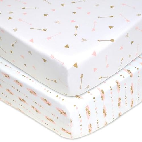 American Baby Company 2 Pack Fitted Crib Sheets 28" x 52", Soft Breathable Neutral 100% Cotton Jersey Sheet, Sparkle Gold/Pink Feathers/Arrows, for Boys and Girls, Fits Crib and Toddler Bed mattresses