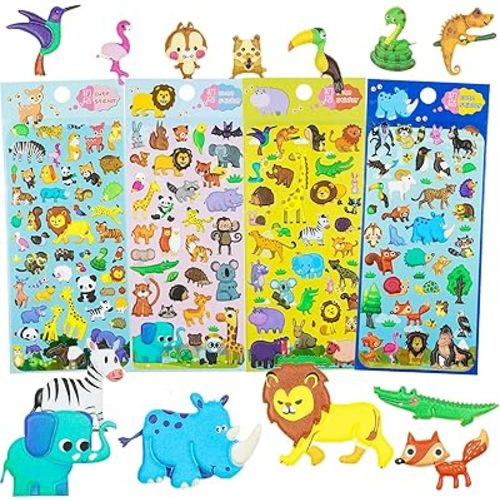 3D Puffy Stickers for Kids Resuable Foam Sticker for Toddler, Boys, Girls, Scrapbooking Supplies, Triceratops, Tyrannosaurus Rex, Pterosaur, Jurassic Era Dinosaurs, 4 Sheets (New Animals)