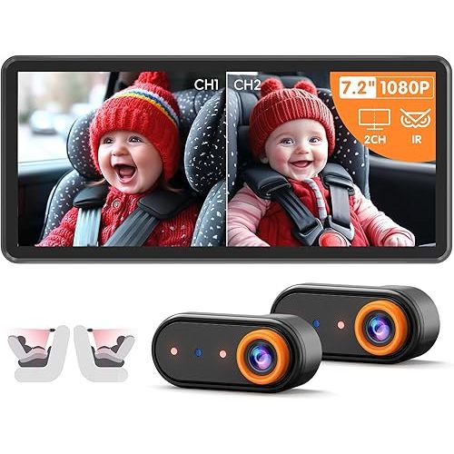 BM5PRO 7.2" 1080P HD Baby Car Camera for 2 Kids, Split Screen with IR Night Vision, Easy to Install & Adjust Brightness, Dual Car Camera Baby Monitor for Rear Seat Safety