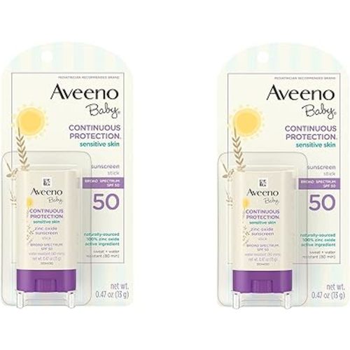Aveeno Baby Continuous Protection Mineral Sunscreen Stick for Sensitive Skin with Broad Spectrum SPF 50 Protection for Face & Body, Naturally Sourced 100% Zinc Oxide, Travel Size, 0.47 oz (Pack of 2)