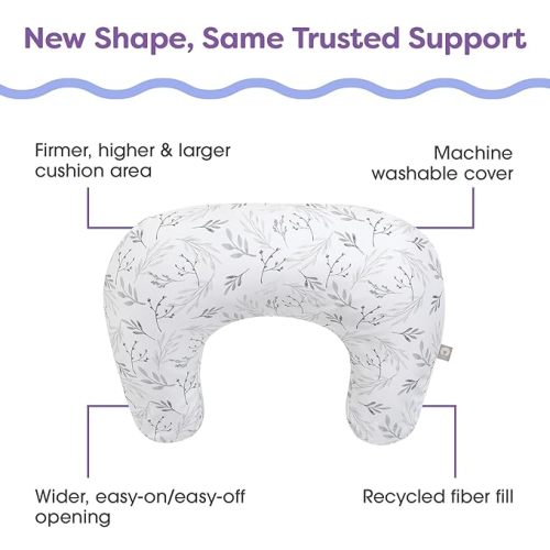 Boppy Nursing Pillow - Ergonomic Bottle & Breastfeeding Pillow with High, Firm, Large Area, Water-Repellent Cushion with Washable Cover; Baby Safety Alliance Verified - Gray Gentle Leaves