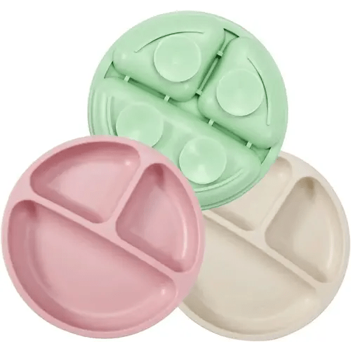 PandaEar 3 Pack Divided Unbreakable Silicone Baby and Toddler Plates - Non-Slip - Dishwasher and Microwave Safe - Silicone (Pink Green Light Tan)