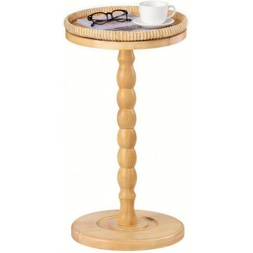 Rattan Round Side Table, Rubberwood‌ Small Drink Table for Small Spaces, Solid Wood Pedestal Coffee Tables, End Tables for Living Room, Sofa Couch, Bedroom, Corners, and Outdoor (Natural)