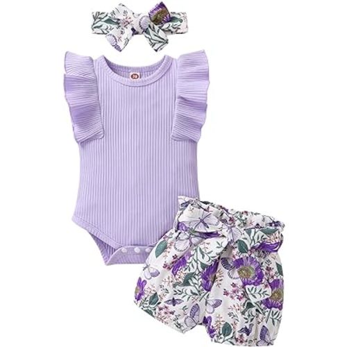 Tiny Cutey Baby Girl Clothes Infant Summer Outfits Set Ruffle Sleeve Romper and Floral Shorts with Headband