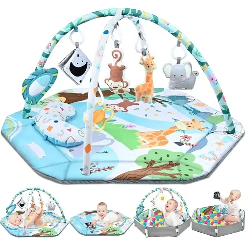 Baby Gym Play Mat, 8-in-1 Tummy Time Mat & Ball Pit with 6 Toys, Washable Baby Activity Play Mat for Visual, Hearing, Sensory, Motor Development, Baby Toys Gift for Toddler Infant 0-3-6-9-12 Months
