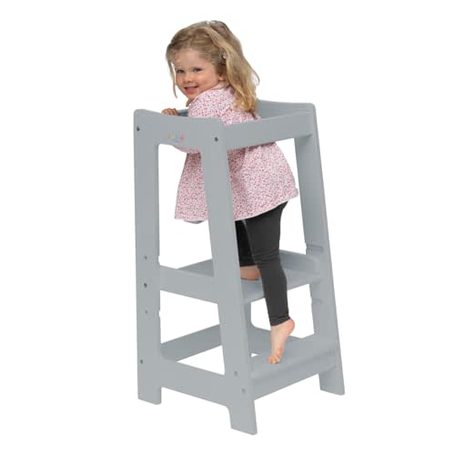 Adjustable Toddler Standing Stool for Kitchen & Bathroom | Wooden Step Stool with Safety Rails for Cooking & Learning | Sturdy & Secure Platform for Ages 18 Months to 5 Years