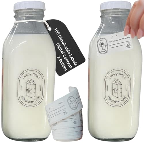 Breast Milk Pitcher Set - Breast milk Storage Containers for Fridge w/labels - Breastmilk Pitcher bottles - Vintage 32 oz Breastmilk Jug - Glass Pitcher for Breastmilk-Dishwasher Safe Formula Pitcher