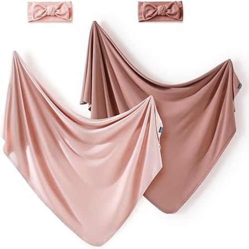 GRSSDER Newborn Swaddle Blanket Set for Girls (2 Blankets & 2 Bow Headbands), Ultra Soft Stretchy Jersey Knit Extra Large Size 33 x 44 Receiving Blankets for Easy Swaddling Baby Snug and Cozy