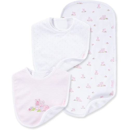 Little Me Baby Girls Pink Bunnies 100% Cotton 3-Piece Bib and Burp Sets, 2 Bibs and 1 Burp Cloth