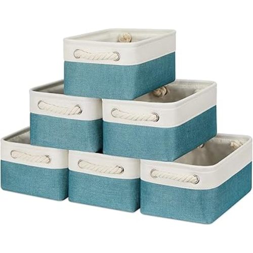 Bidtakay Fabric Baskets for Organizing Closet Set of 6 Small Storage Bins 11.8 X 7.8 X 5 Inches Decorative Storage Baskets for Shelves Foldable Bins for Cube Organizer Rectangular(White&Teal Blue)