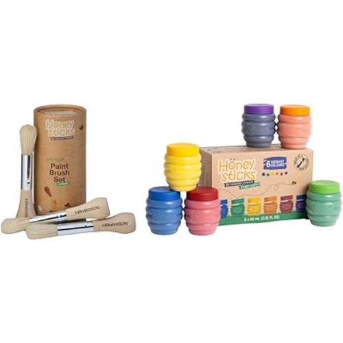 Honeysticks Non Toxic Finger Paint (6 Bright Colors) and My First Paint Brush Set (3 Pack), Perfect Gifting for Toddlers and Children, Non Toxic, Natural - Made in New Zealand