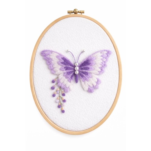 Handmade Floral Purple Butterfly Needle Felt Art, Embroidery Hoop Wall Decor Lavender and White Wool Gift