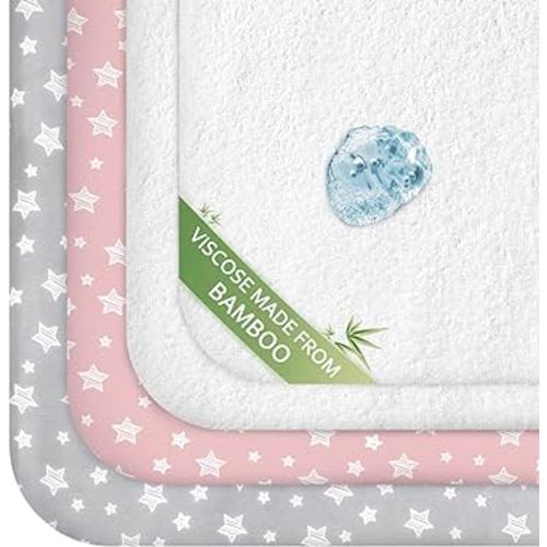Pack and Play Sheets & Waterproof Terry Pack N Play Mattress Protector Pad Cover 4 Pack, Viscose Made from Bamboo Pack N Play Sheets Set, Grey & Pink