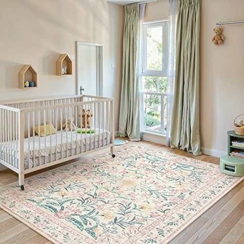 Lahome Sylvie Pink Washable Rugs for Bedroom Girls 6x9, Boho Floral Living Room Rugs Non-Slip, Soft Low-Pile Nursery Carpet for Dining Room Kids Dorm Decor, Blush