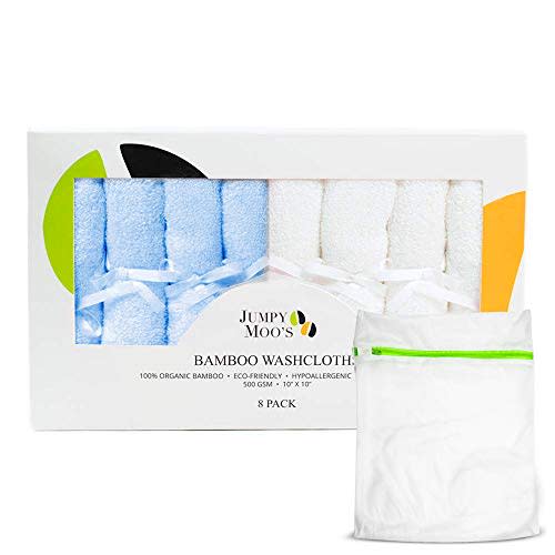 Jumpy Moo's Baby Washcloths - 100% Rayon from Bamboo, Ultra Thick 10x10 inches, Gentle on Delicate Skin, Perfect for Girls and Boys, Includes Giftbox & Laundry Bag