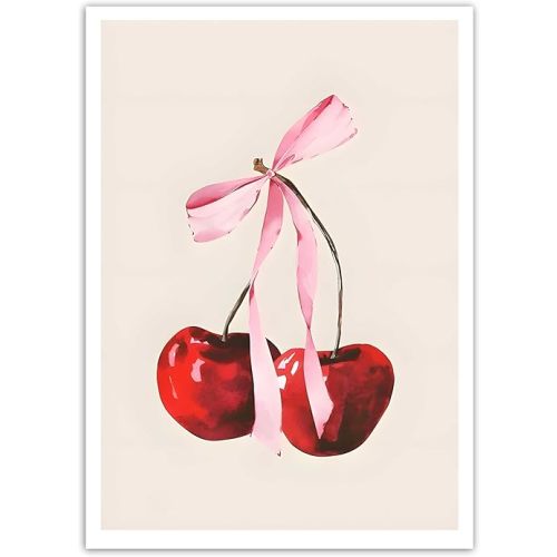 ZLYARTMP Red Cherry Wall Art Trendy Preppy Feminine Poster Picture Vintage Minimalist Fruit Bow Painting Coquette Feminine Canvas Print for College Apartment Decor Pink Room Girly Wall Decor Unframed
