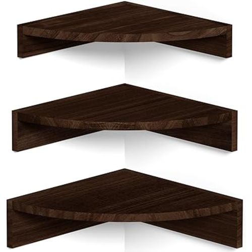 Alsonerbay Corner Shelf Wall Mount, Set of 3 Floating Shelves for Storage and Display, Rustic Wood Shelves for Bedroom, Kitchen, Living Room, Nursery and Office (Dark Brown)