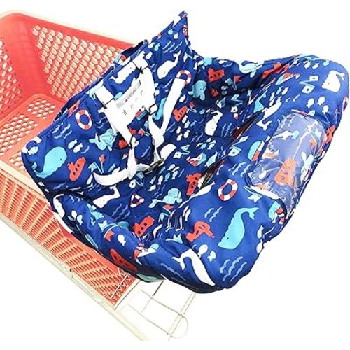 Portable 2-in-1 Grocery Cart Seat Cover and Baby Highchair Cover (Navy Blue Whale)