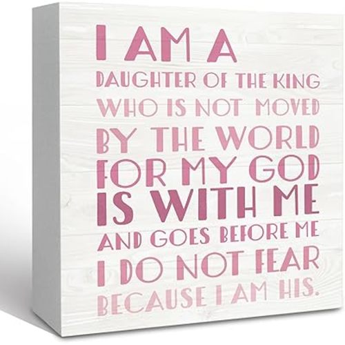 I Am a Daughter of King Pink Christian Wooden Box Sign Desk Decor, Bible Verse Desk Decor, Pink Christian Signs Decor for Nursery Girls Room Bedroom, Scripture Home Shelf Desk Decor 5x5 Inch