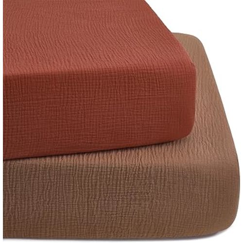 TILLYOU 2 Pack Muslin Crib Sheet for Boys and Girls - 100% Cotton Fitted Crib Sheet for Toddler Standard Crib Mattress, Soft and Breathable, 52"x28"x8",Caramel&Brown