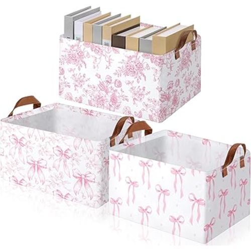 Boao 3 Pcs Pink Bow Storage Bin Coquette Collapsible Large Storage Baskets for Gifts Empty Candy Holiday Decor Canvas Laundry Basket Foldable Box with Handle for Office Home Bedroom Clothes