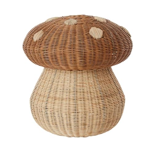 Natural Handmade Rattan Mushroom Storage Basket with Lid, Mushroom Shape Decorative Wicker Woven Basket for Fruit、Baby Toys、Bathroom Laundry Dirty Clothes