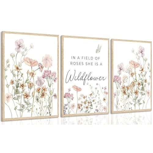 3Pcs Watercolor Flowers Nursery Wall Art Florals Botanical Sentence Picture Wall Decor Pink Wildflowers Poster Print Artwork for Girl Nursery Office Bedroom Livingroom Inspirational Wall Decoration