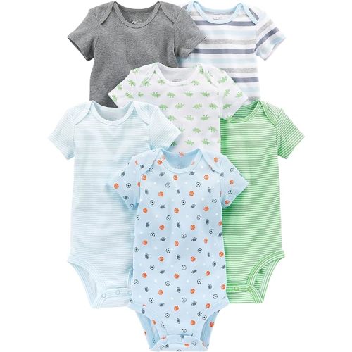 Simple Joys by Carter's Boys' 6-Pack Short-Sleeve Bodysuit - 6-9 Months - Multicolor/Dinosaur/Sports/Stripe