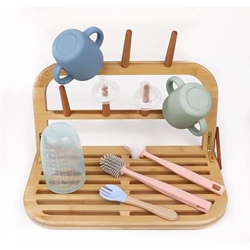 Bamboo Baby Bottle Drying Rack, Portable Wooden Drying Rack, Space Saving Kitchen Bottle Holder Organizer for Accessories, Bottles, Cups, Pacifiers, Travel Dish Racks (Bamboo)