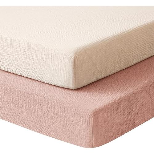 Konssy Muslin Mini Crib Sheets, 100% Soft Cotton Pack and Play Sheets for Pack N Play Mattress, Playard Baby Crib Sheets for Baby Girls (Pink, Cream)