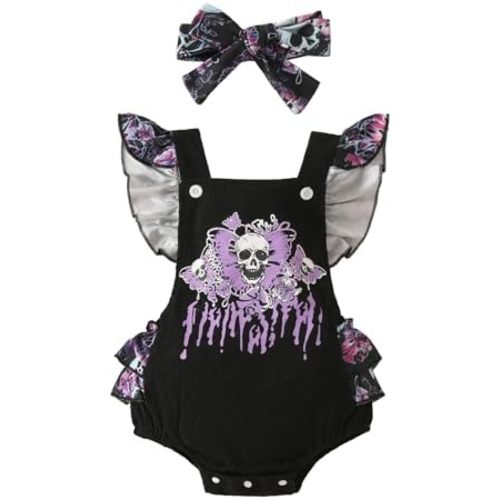 Newborn Infant Baby Girl Halloween Outfit Clothes Skull Romper Ruffle Layer Bodysuit Jumpsuit Photoshoot Party