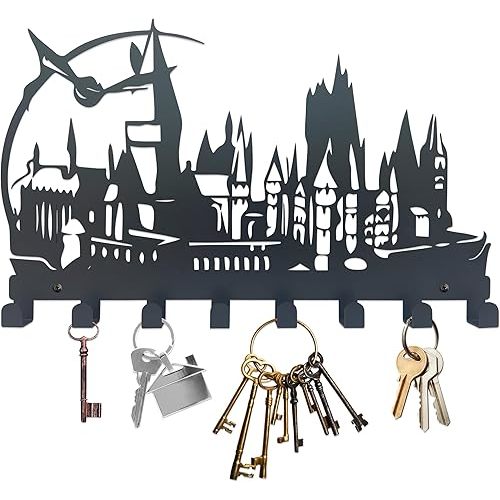 Xyverart Magic Castle Silhouette Metal Key Hooks – 8-Hook Wall Organizer with Matte Finish | Magical-Themed Home Decor & Gifts for HP Fans