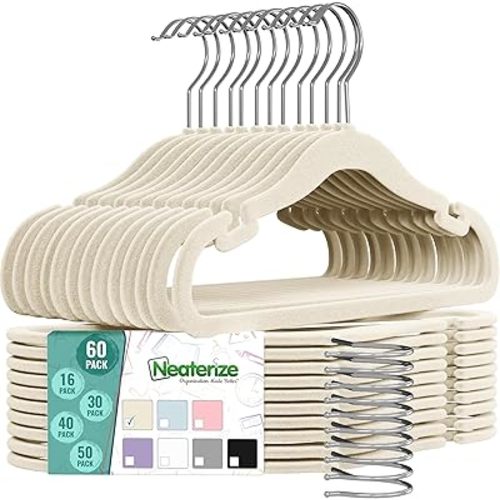 Velvet Kids Hangers 60 Pack - Beige Toddler Hangers with Notches, Heavy Duty Non-Slip Velvet Baby Hanger