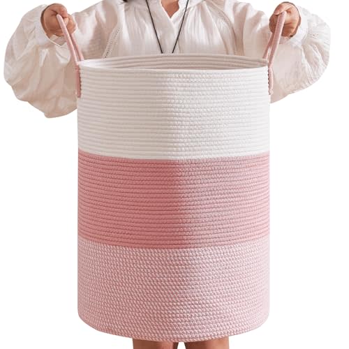 CLHMILY&Z 80L Laundry Basket Round Storage Rope Basket - 16.5x22.5 Inches - Pink Hamper in Bedreoom and Cute Storage Bin for Blankets, Toys, and Nursery Essentials