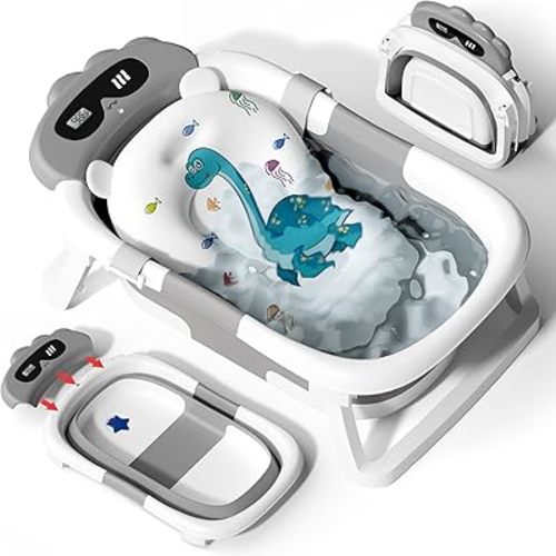 AVIDOR Baby Bathtub,Collapsible Bathtub for Newborn to Toddler,Durable Essential Infant Bath Tub,Portable Travel Baby Tub with Soft Bath Net,No-Slip Feet and Dinosaur Shaped (Grey)