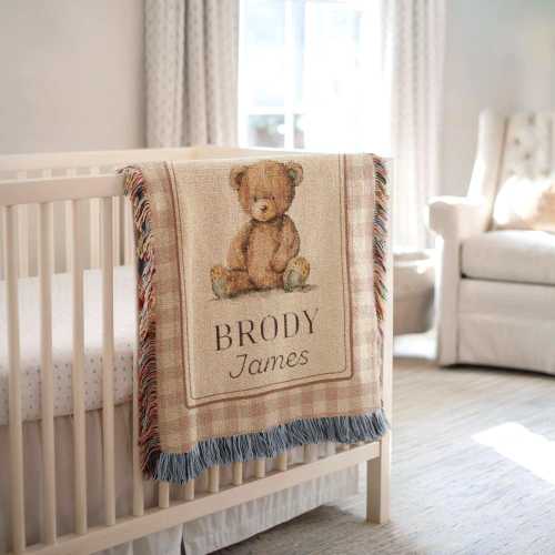 Personalized Woven Teddy Bear Baby Blanket Personalized Bear Blanket Custom Bear Blanket Bear Nursery Blanket Newborn Custom Name Blanket