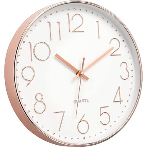 Foxtop Modern Wall Clock 12 Inch Non-Ticking Silent Battery Operated Round Quartz Rose Gold Wall Clock for Office Bedroom Living Room Kitchen Home School Decor
