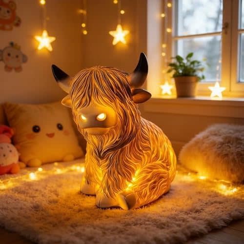 The Cozy Highland Glow: Highland Cattle Lamp, 8in Cow Accent Light, Decorative Table Lamps Night Lights, Rustic Farmhouse Home Anima Decor Lighting for Bedroom Room