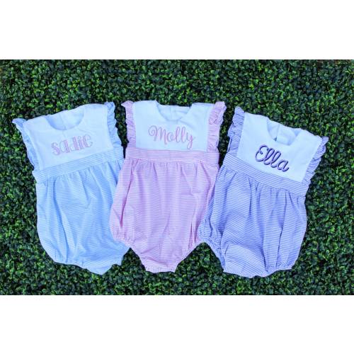 Baby and Toddler Girl Monogram Romper Bubble | Striped, Blue, Pink, Purple Soft Cotton | Name, monogram, initial | Cute Summer Fall outfit