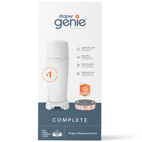 Diaper Genie Complete Diaper Pail (White) with Antimicrobial Odor Control, Includes 1 Diaper Trash Can, 1 Refill Bags, 1 Carbon Filter