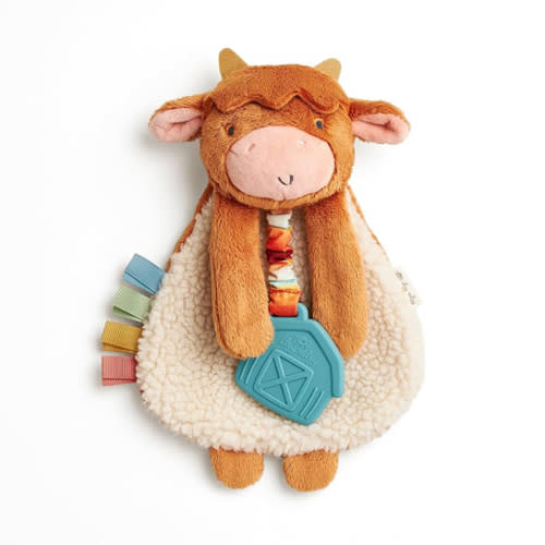 Itzy Ritzy - Itzy Lovey Including Teether - Baby Lovey with Teether, Textured Ribbons & Dangle Arms - Features Crinkle Sound, Sherpa Fabric and Minky Plush (Highland Cow)