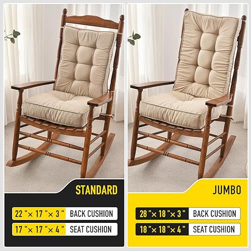 SUNROX Memory Foam Jumbo Rocking Chair Cushions, FadeShield Water Resistant Non Slip Durable Tufted Pads, Set of Seat & Back Cushion with Ties for Indoor/Outdoor Rocker, 2 Piece, Husk Birch