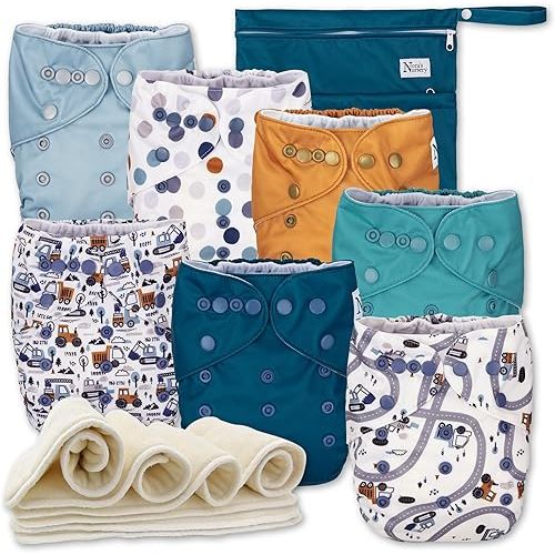 Nora's Nursery Cloth Diapers 7 Pack with 7 Inserts & 1 Wet Bag - Waterproof Cover, Washable, Reusable & One Size Adjustable Pocket Diapers for Newborns and Toddlers - Mighty Trucks