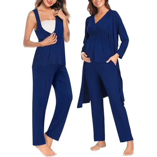 SWOMOG Maternity Nursing Robe Set 3 Piece Postpartum Breastfeeding Pajamas 3 in 1 Hospital Labor Delivery Pregnancy Pjs