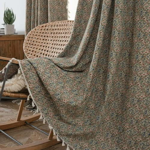 Vireellx Boho Curtains 96 Inch Length 2 Panels Leaf Semi Sheer Drapes Tassel Rod Pocket Bohemian Bedroom Window Curtain Panels for Living Room Farmhouse Geometric Striped Window Treatment